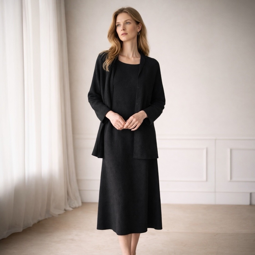 Eileen Fisher 2PC Black Wool Blend Dress Cardigan Set L Minimalist Lagenlook